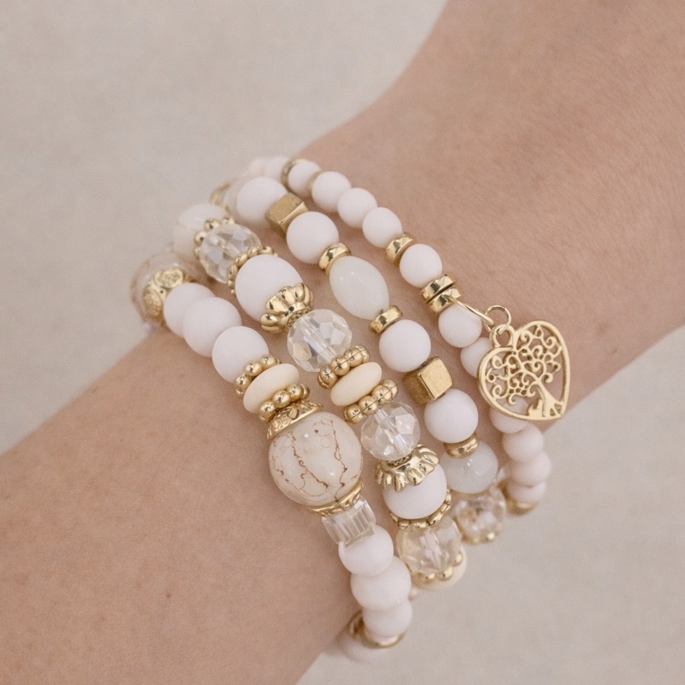 Elegant Gold and White Beaded Bracelet Set
